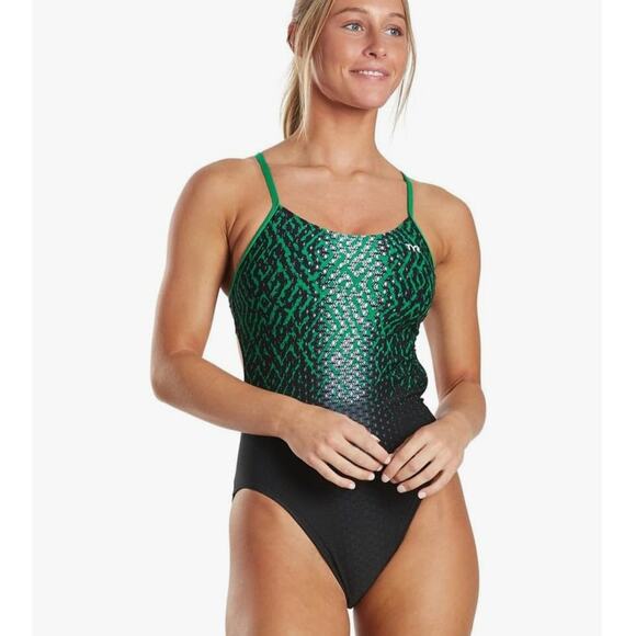 NWT TYR Odyssey Cutout One-Piece Swimsuit Green Performance Womens XL Size 38 - Picture 1 of 11